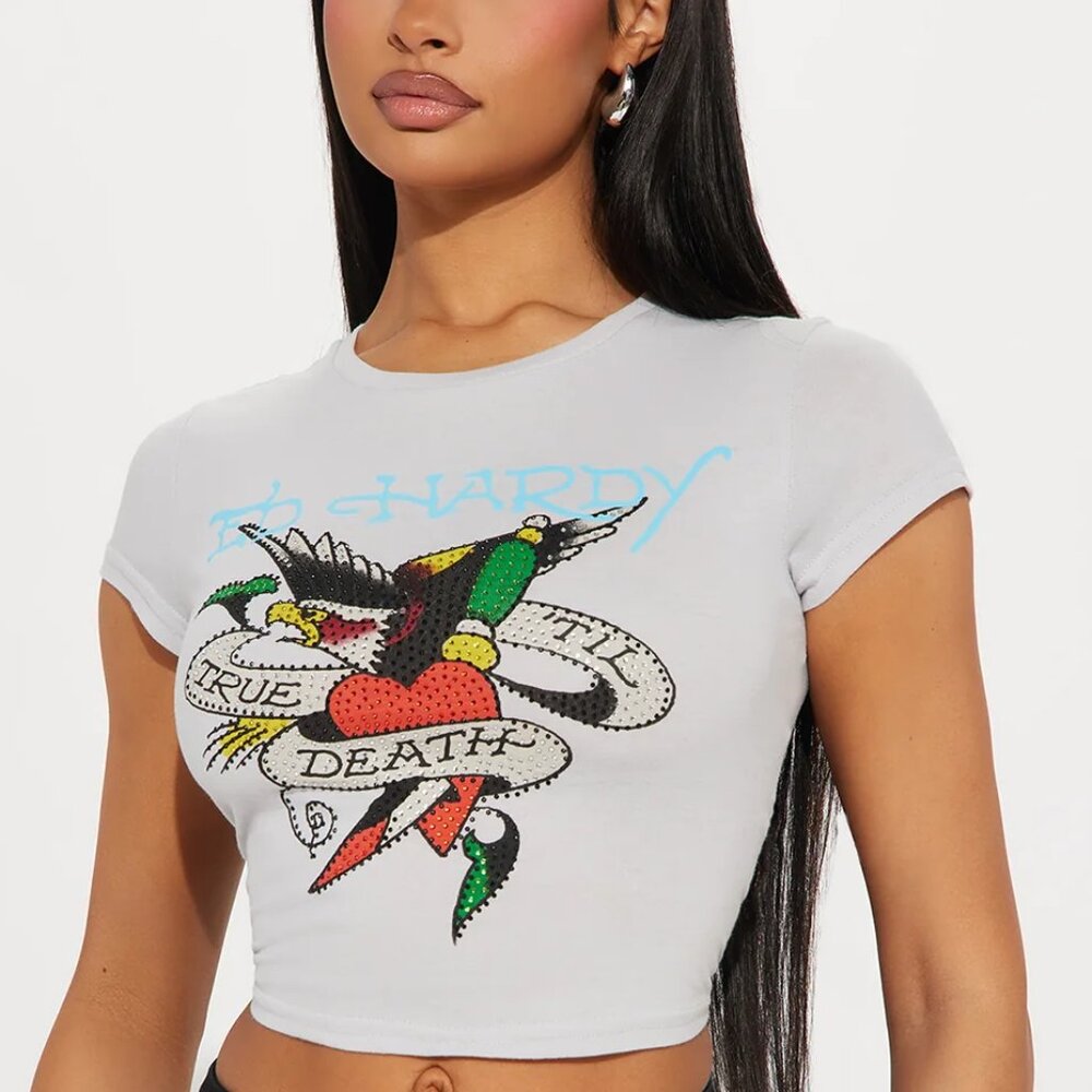 NWT Ed Hardy True Eagle Fitted Tee - Grey Til Death Eagle Rhinestone XL